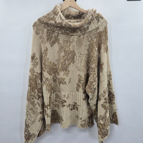 Vintage Calvin Klein Camel Brown Floral Turtleneck Metallic Sweater Medium - Picture 1 of 16